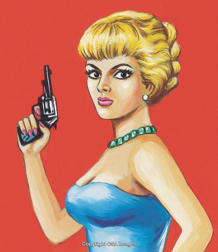 Retro Illustration of a Woman Holding a Gun in a Dramatic Pose