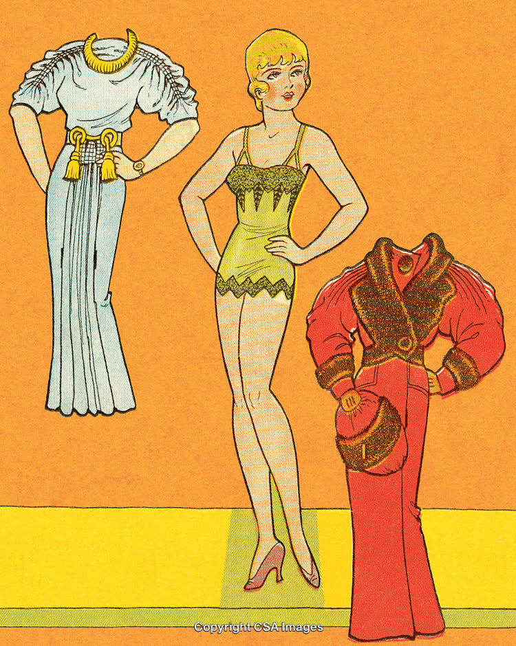 Retro Paper Doll Illustration with Vintage Fashion Outfits