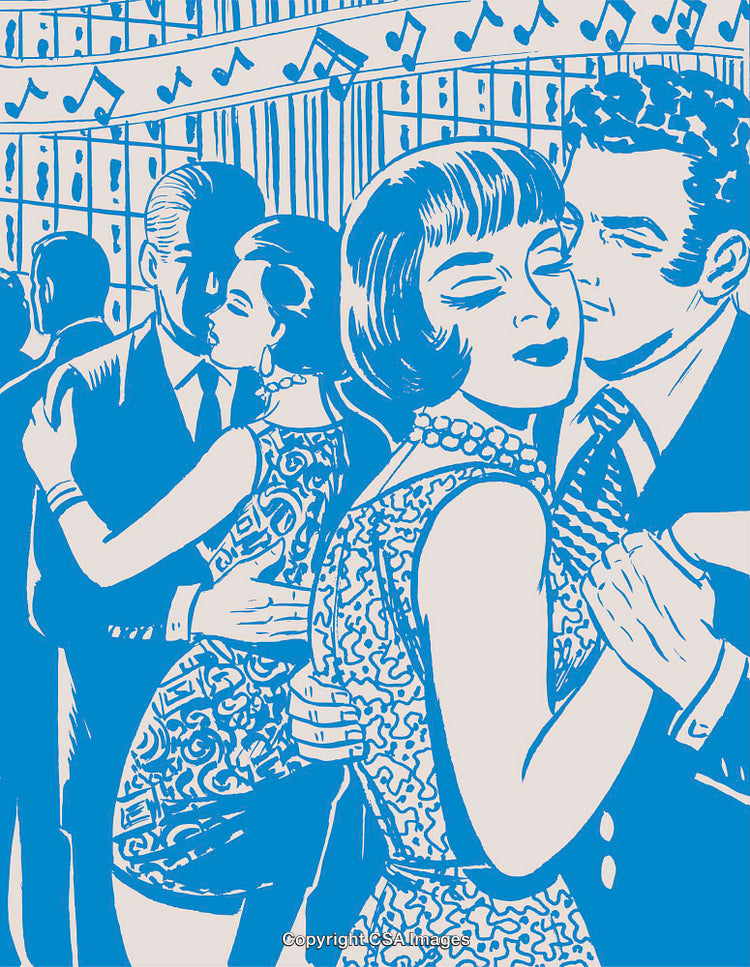 Vintage Illustration of Couples Dancing in a Romantic Ballroom Setting