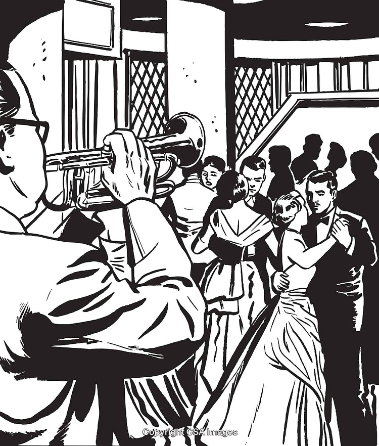 Vintage Style Illustration of Swing Dance With Live Band Performance