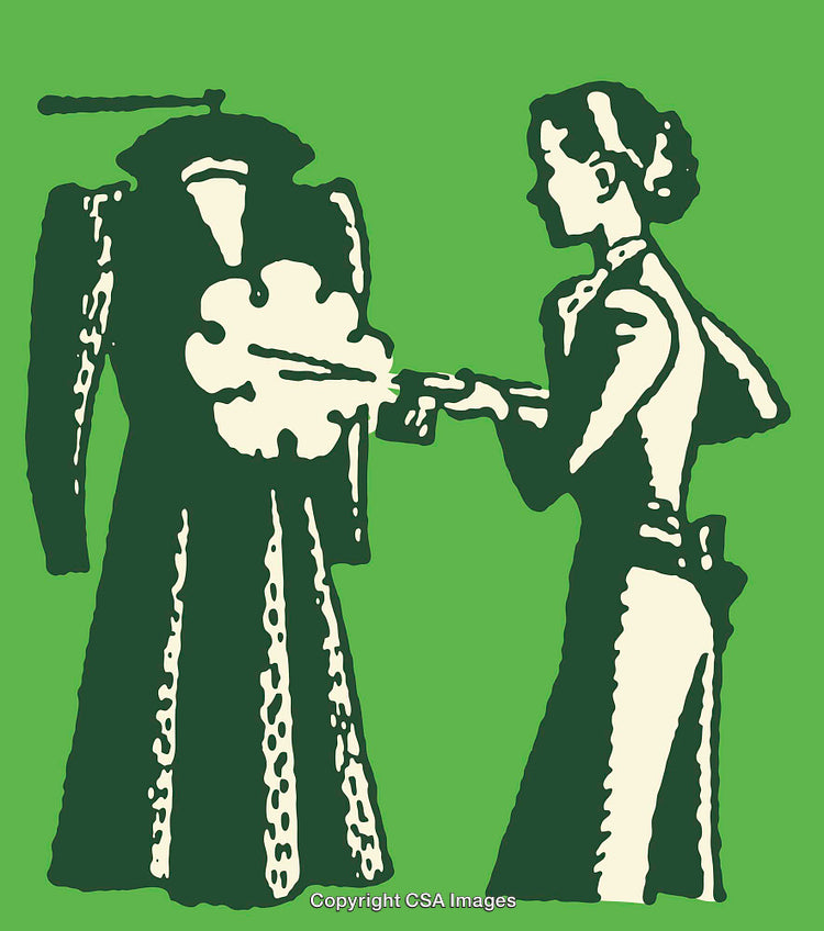 Antique Illustration of a Woman Inspecting a Garment on a Dummy