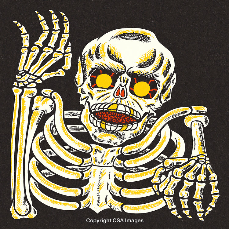 Colorful Skeleton Illustration with Bright Yellow and Red Accents on Dark Background