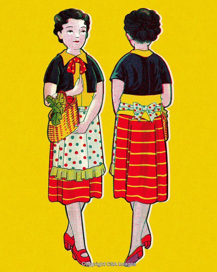 Vintage Illustration of Woman in Apron Holding Basket on Yellow Background