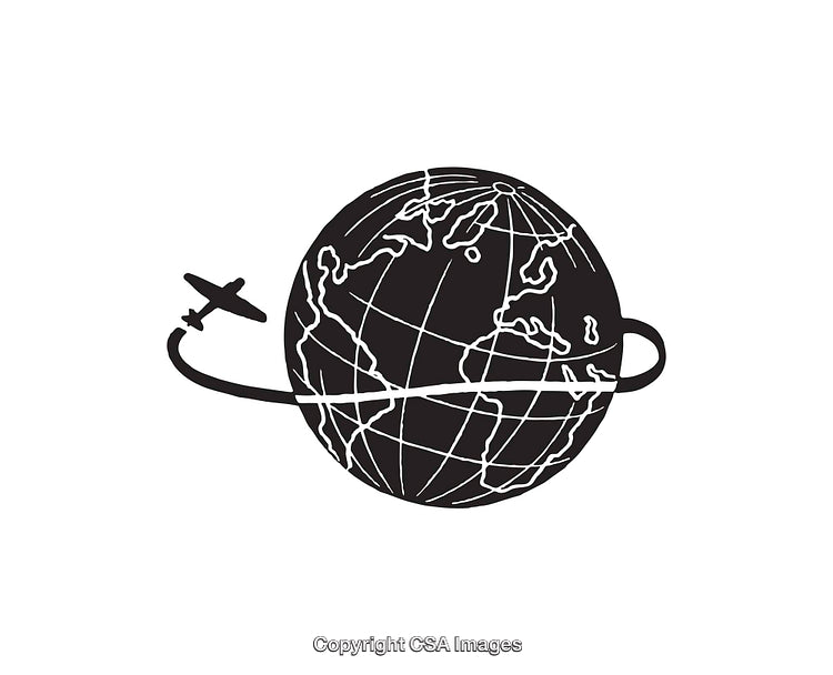 Black and White Airplane Flying Around the Globe Illustration