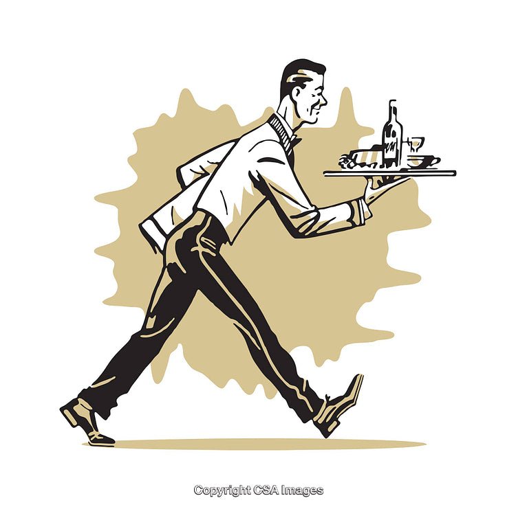 Vintage Illustration of Waiter Carrying Food and Drinks on a Tray