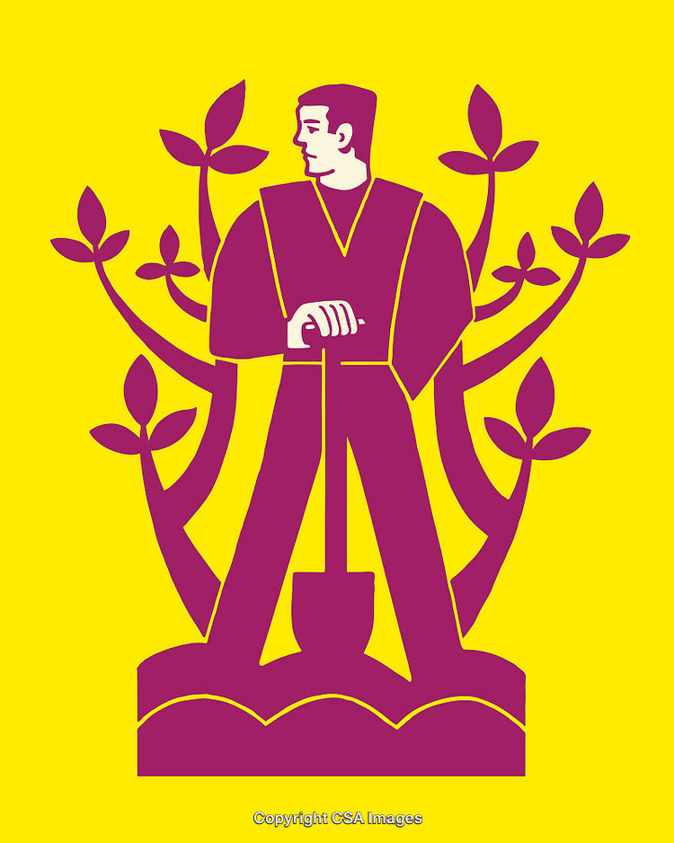 Colorful Line Art Illustration of a Worker with Shovel and Foliage