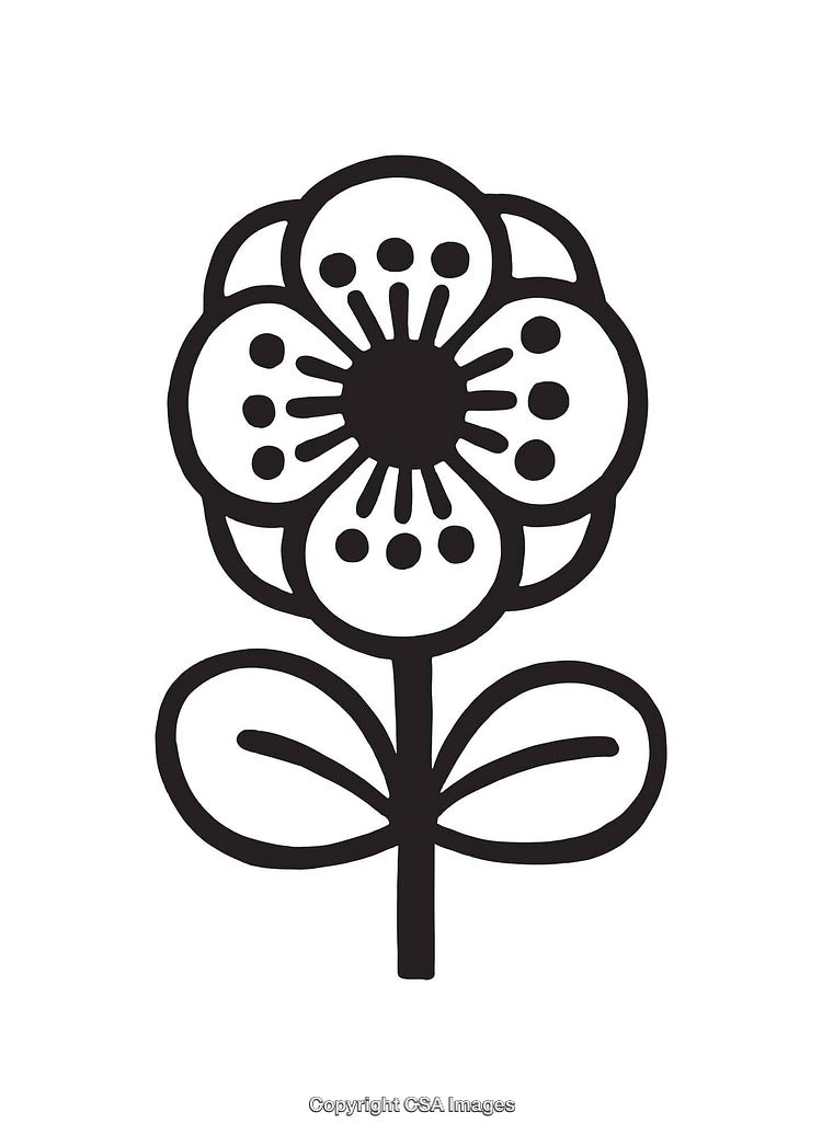 Simple Black and White Line Art Flower Illustration with Leaves