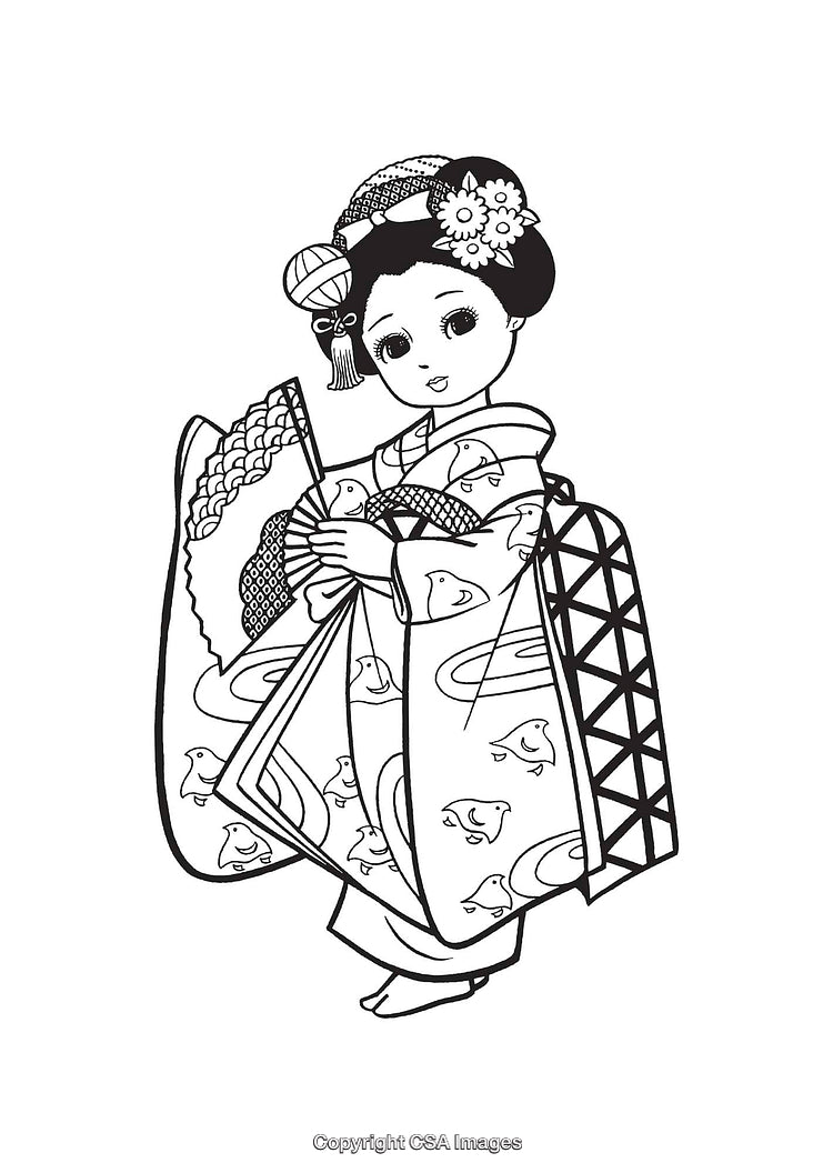 Traditional Japanese Geisha Illustration in Black and White Line Art