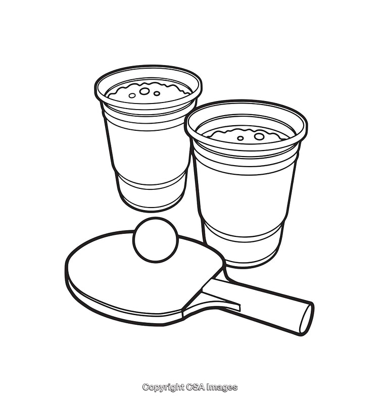 Black and White Line Art of Table Tennis Paddle and Cups