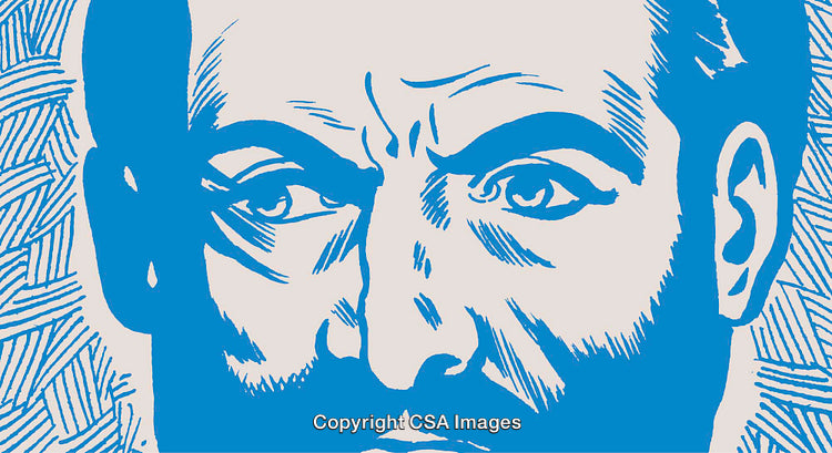 Abstract Blue Illustration of a Male Face with Intense Expression