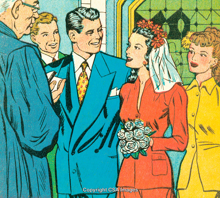Retro Comic Style Wedding Scene with Couple and Guests