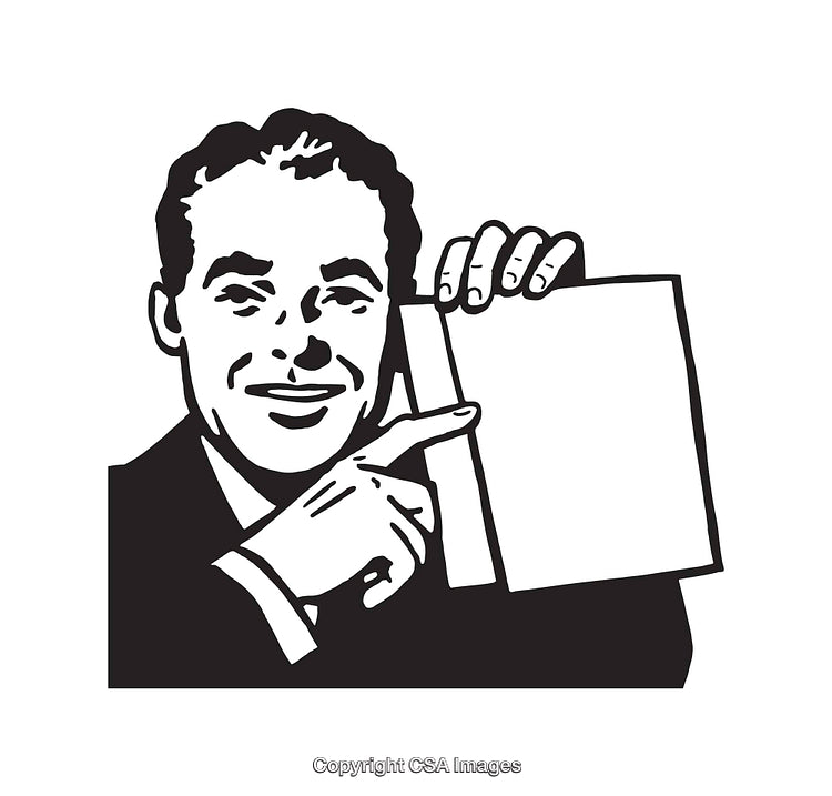 Black and White Retro Illustrative Man Pointing to Blank Document