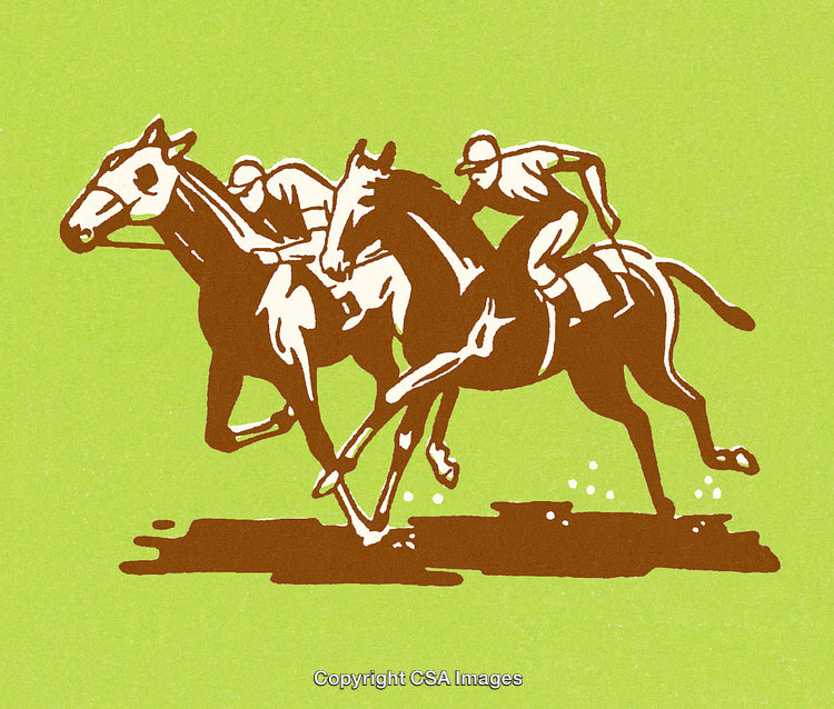 Competitive Horse Racing Scene Featuring Jockeys Riding in Motion on Green Background