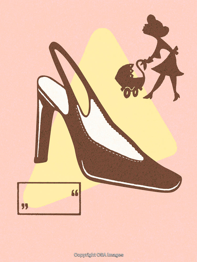 Retro Style Illustration Featuring High Heel and Mother Pushing Stroller
