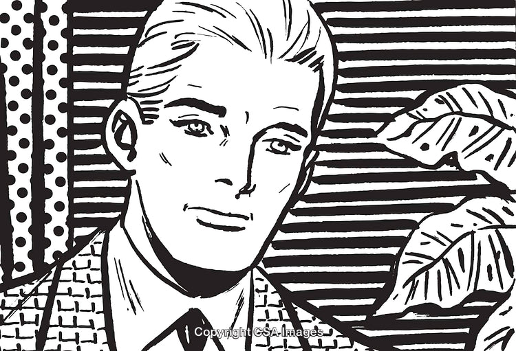 Retro Stylized Portrait of a Man with Geometric Background and Plant Motif