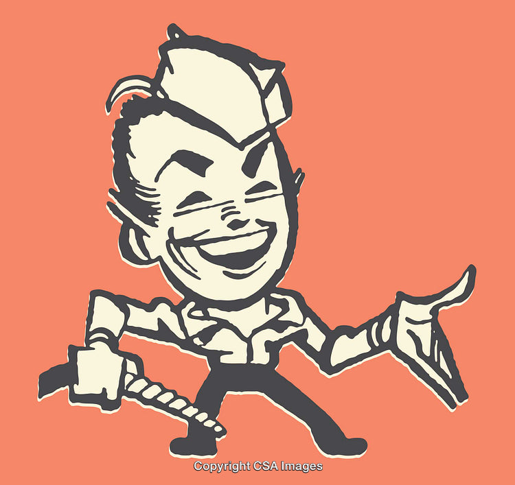 Smiling Retro Character in Vintage Line Art Style on Coral Background