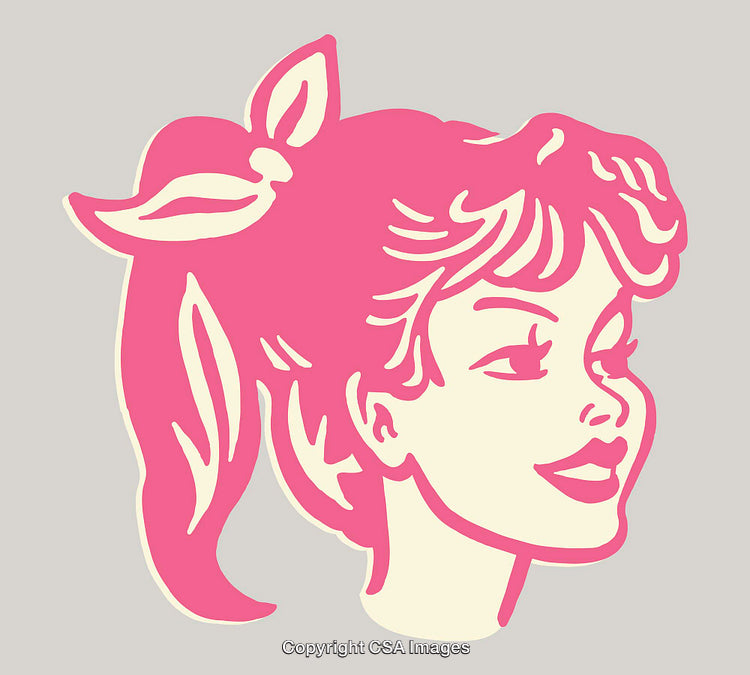 Retro-Style Pink and Cream Line Art Illustration of a Smiling Woman