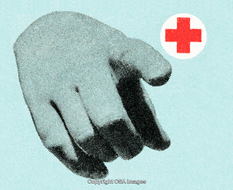 Close-Up of Pointing Hand with Medical Symbol in Vintage Print Style