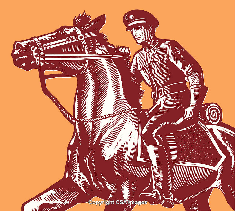Vintage Line Art Illustration of Officer Riding a Horse