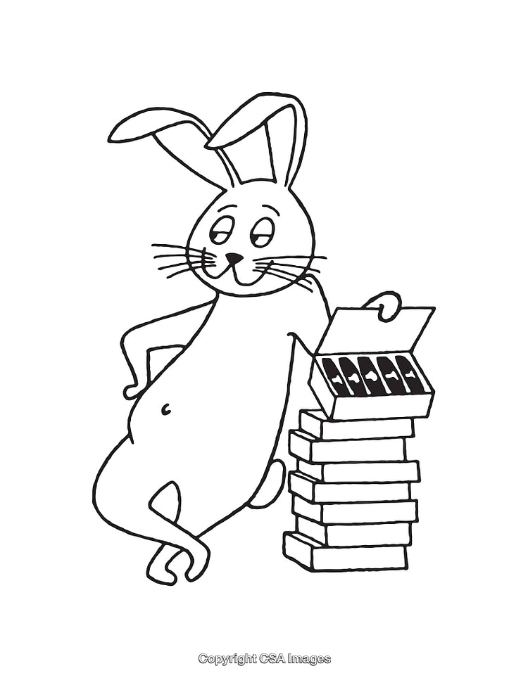 Playful Rabbit Cartoon Leaning on Stack of Boxes in Black and White