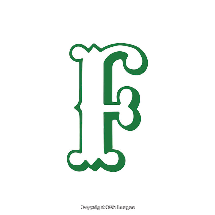 Intricate Green Letter F Design Featuring Ornate Details on White Background