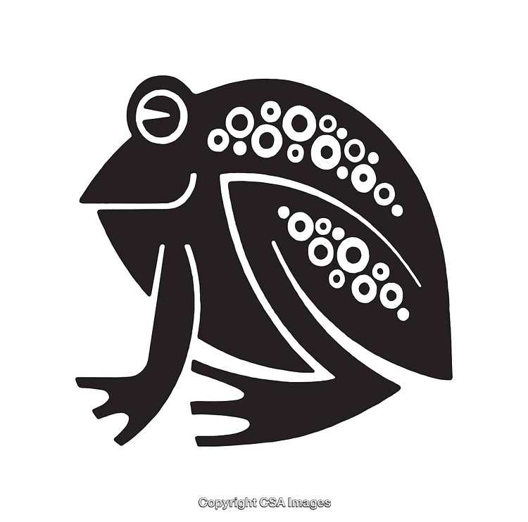 Stylized Black and White Frog Line Art with Circular Patterns