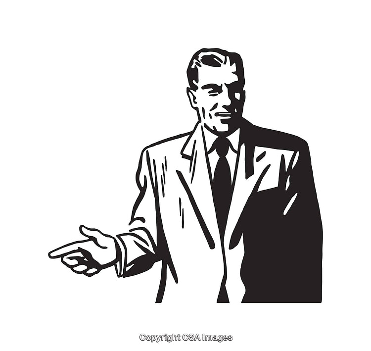 Black And White Illustration of a Businessman Gesturing Confidentially