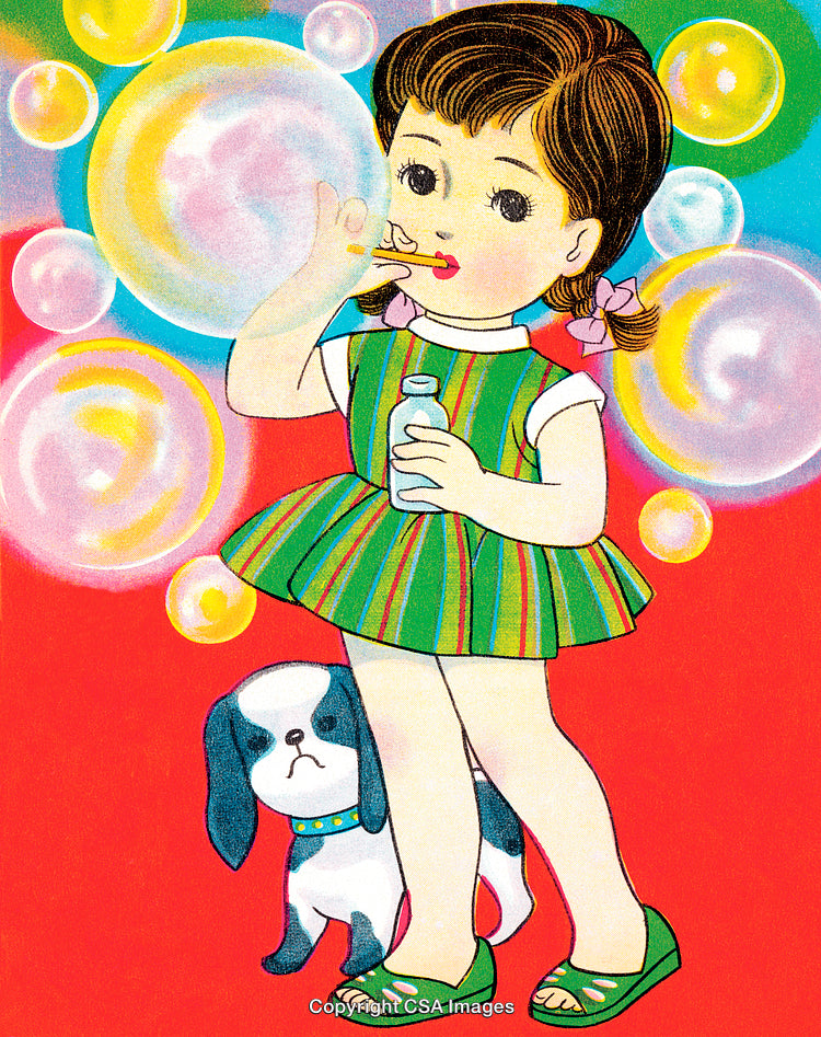 Illustration of a Child Blowing Bubbles with a Small Puppy Nearby