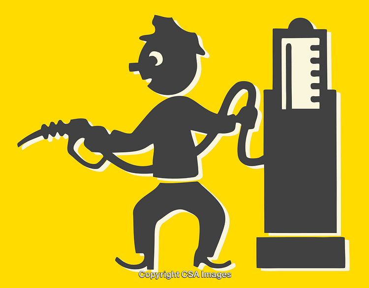 Retro Style Gas Station Illustration with Pump and Attendant on Yellow Background