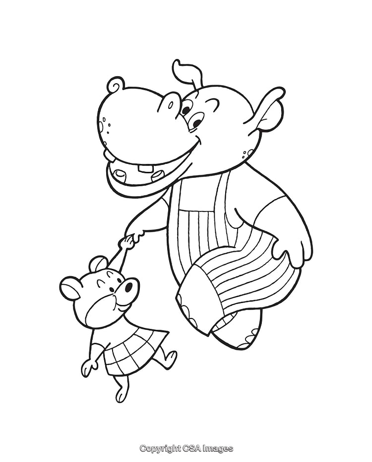 Cartoon Hippopotamus with Mouse Friend in Fun Black and White Line Art