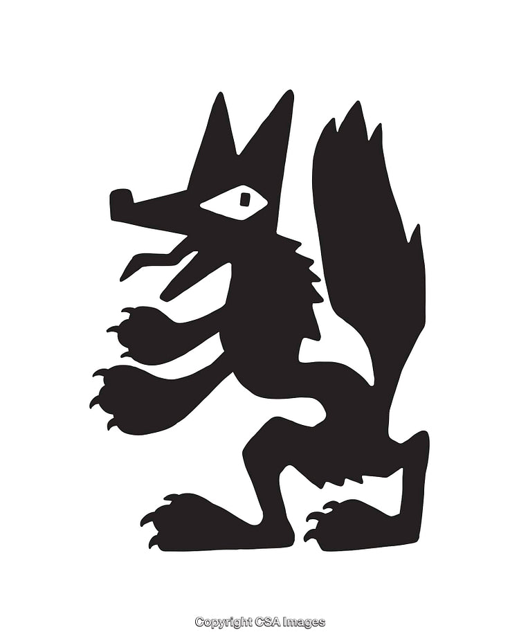 Stylized Black and White Wolf Illustration in Line Art Style
