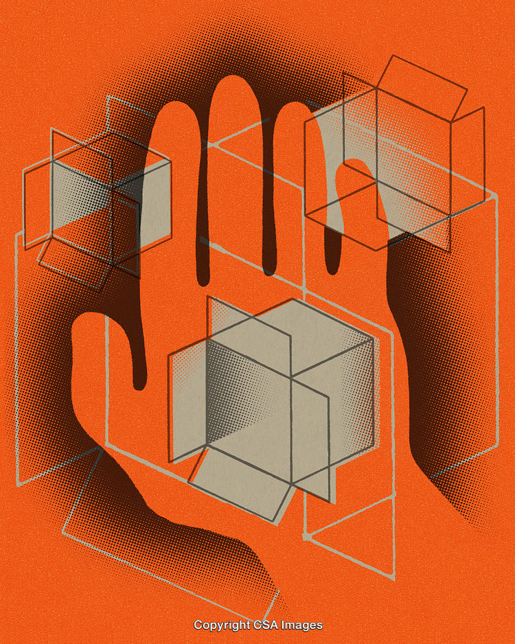 Abstract Art with Hand Silhouette and Geometric Patterns in Vibrant Orange Tone