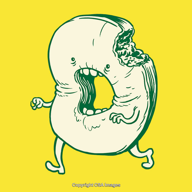 Cartoon Bagel Illustration with Anthropomorphic Features and Bold Yellow Background