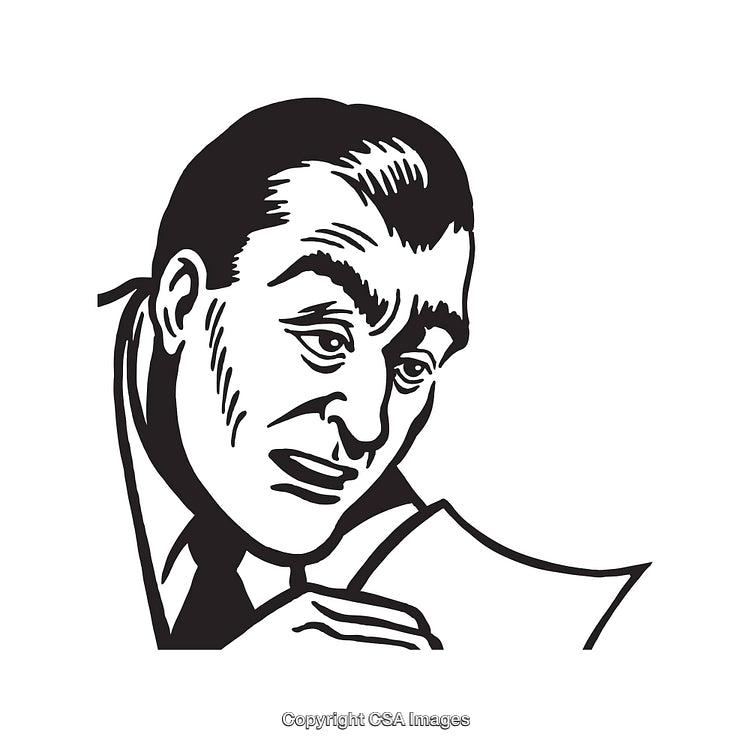 Retro Style Black and White Line Art of a Thoughtful Man's Face