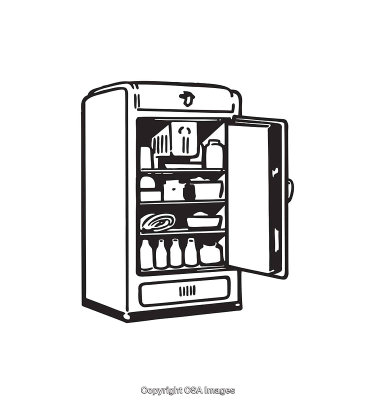 Black and White Line Art Illustration of an Open Refrigerator