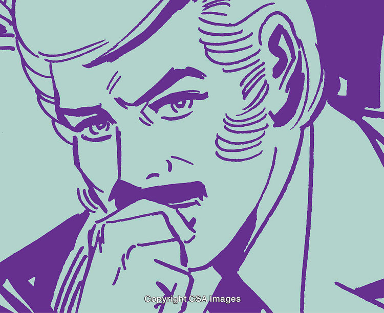 Pop Art Illustration of Thinking Man with Hand on Chin in Bold Colors