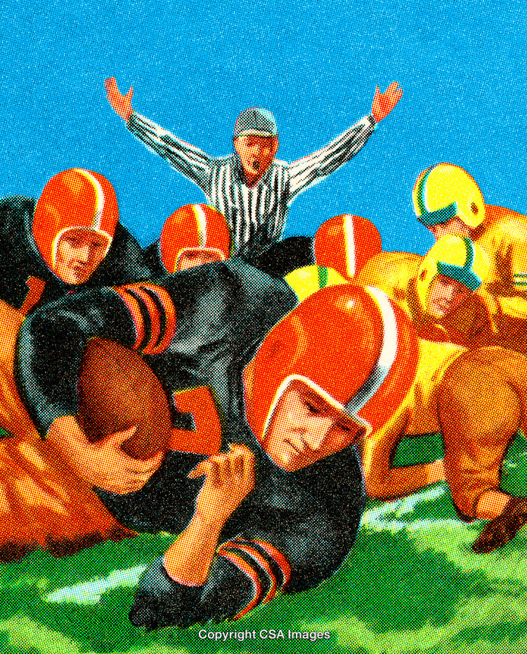 Vintage Football Game Scene Showing Players and Referee in Action