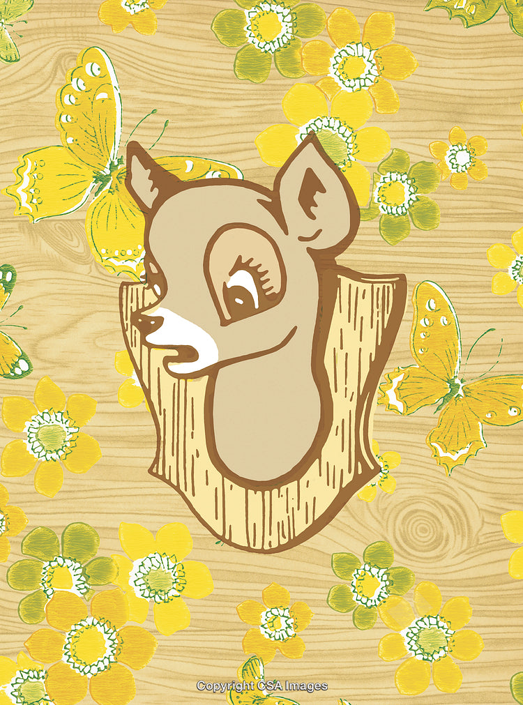 Vintage Animal Plaque with Yellow Flowers and Butterflies on Wooden Background