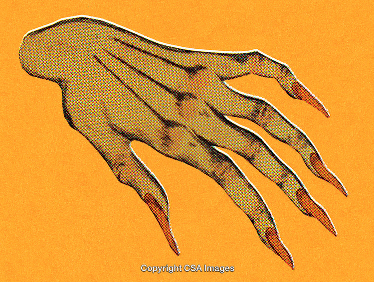 Illustrated Skeletal Hand With Sharp Claws on Bright Orange Background