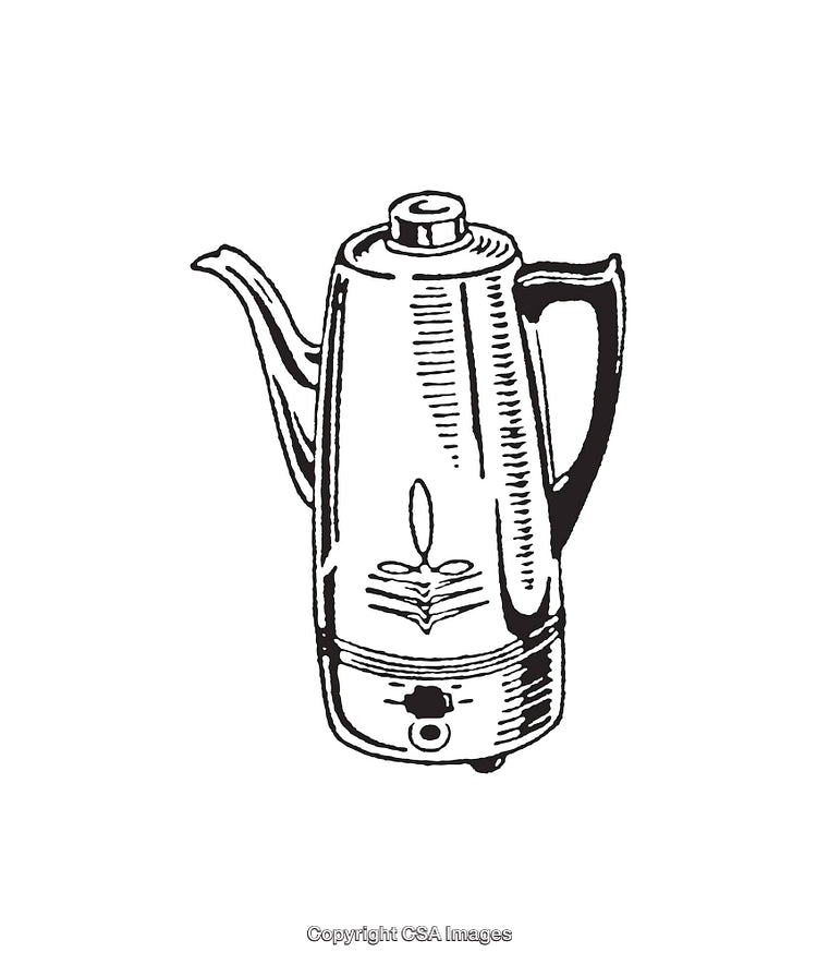 Vintage Percolator Illustration with Unique Floral Decoration in Black and White