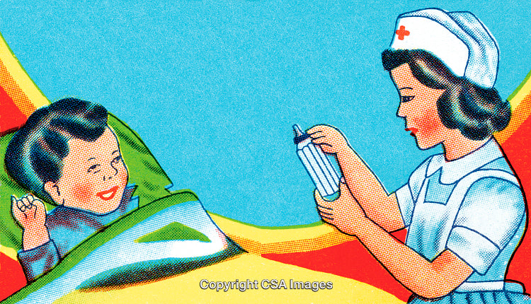 Vintage Illustration of Nurse Caring for Patient in Bright Colors
