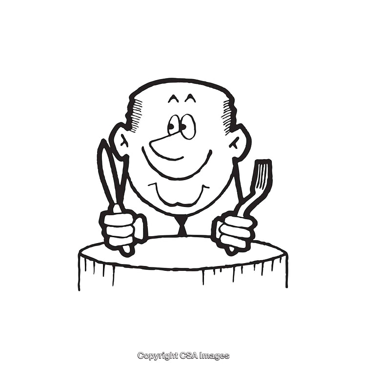 Excited Man Holding Cutlery Black and White Cartoon Illustration