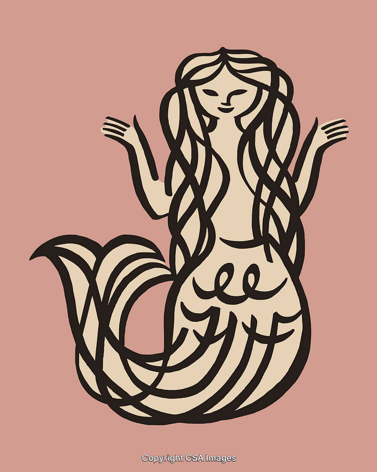Whimsical Mermaid Illustration on Simple Pink Background Line Art Style