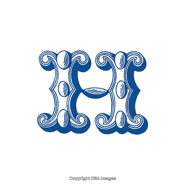 Ornate Decorative Letter H Illustration in Blue and White Design