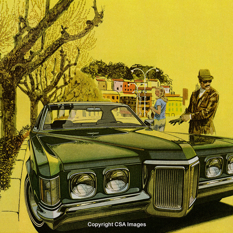 Retro-Inspired Illustration of Classic Green Car Near Vibrant Urban Scene