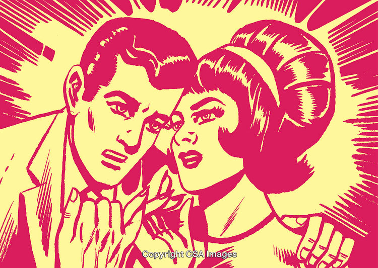 Retro Pop Art Style Couple in Emotional Scene with Bright Yellow and Pink