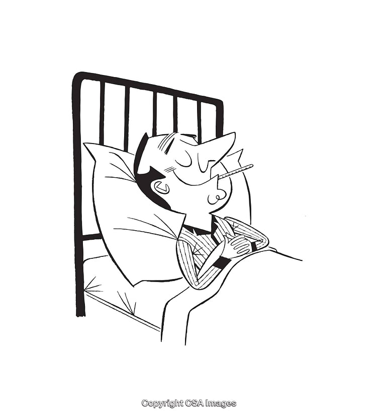 Black and White Illustration of a Sick Person Resting in Bed