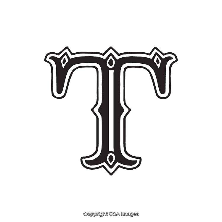 Ornate Monochrome Letter T Design with Decorative Typography Details