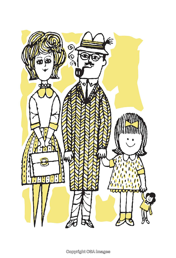 Stylish Illustrated Family Portrait Depicting a Father, Mother, and Daughter