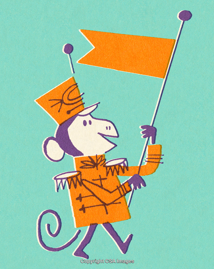 Whimsical Cartoon Monkey Dressed as a Parade Leader Carrying a Bright Orange Flag
